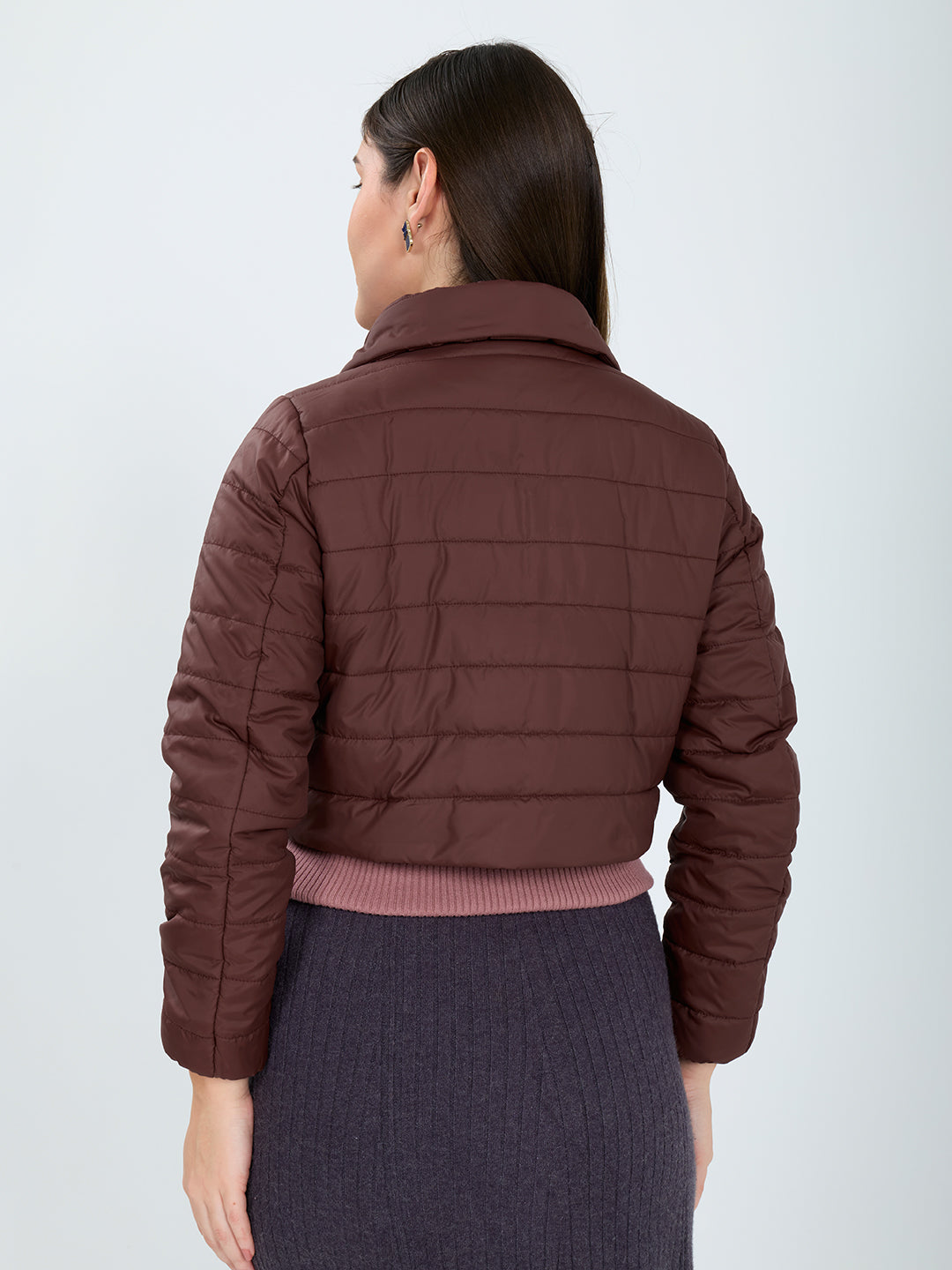 Women Burgundy Solid Collar Full Sleeve Puffer Jacket
