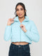 Women Sky Blue Solid Collar Full Sleeve Puffer Crop Jacket