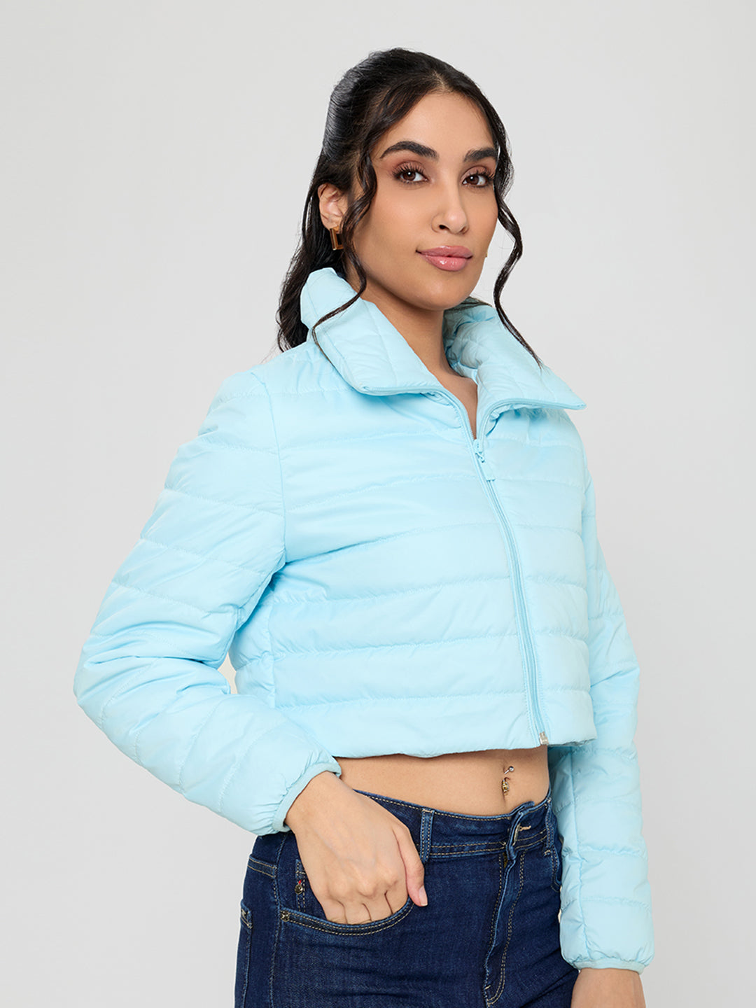Women Sky Blue Solid Collar Full Sleeve Puffer Crop Jacket