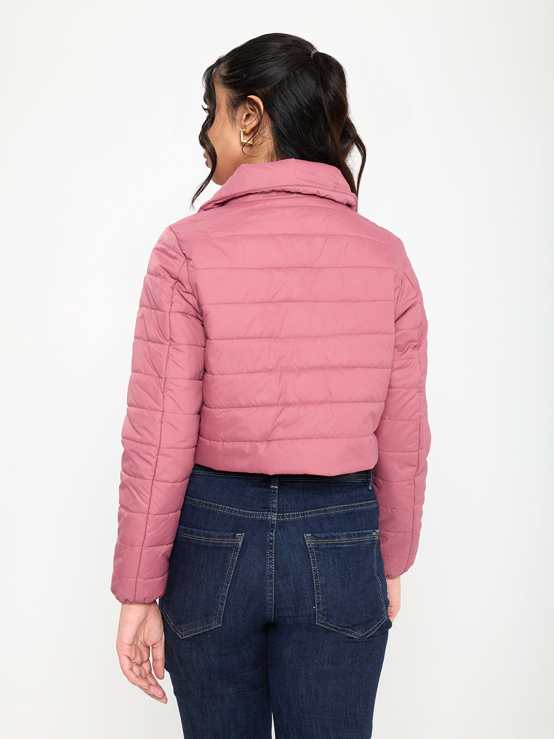 Women Mauve Solid Collar Full Sleeve Puffer Crop Jacket