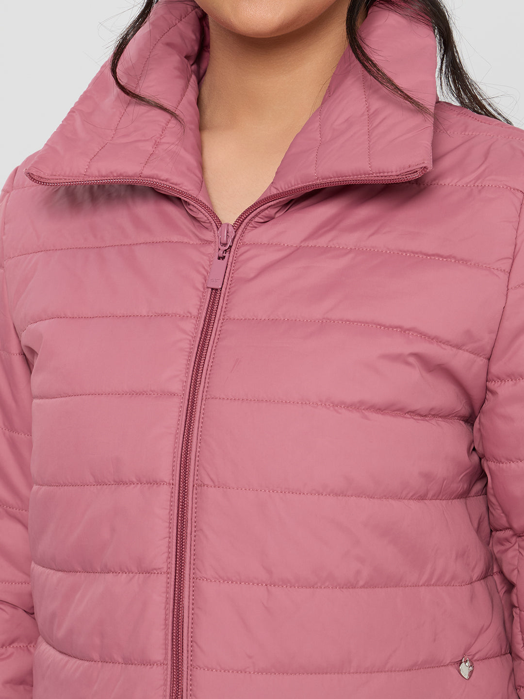 Women Mauve Solid Collar Full Sleeve Puffer Crop Jacket
