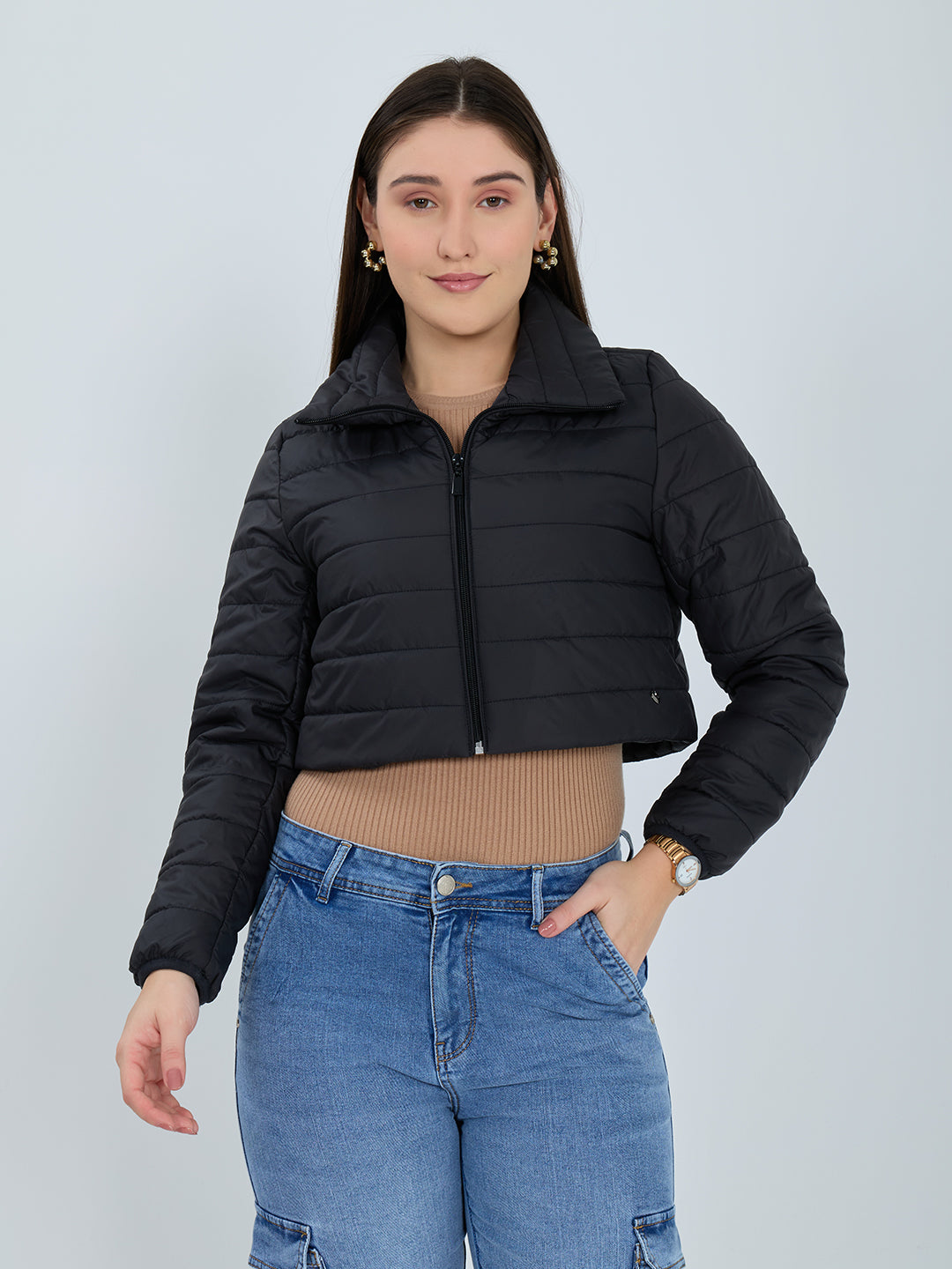Women Black Solid Collar Full Sleeve Puffer Jacket