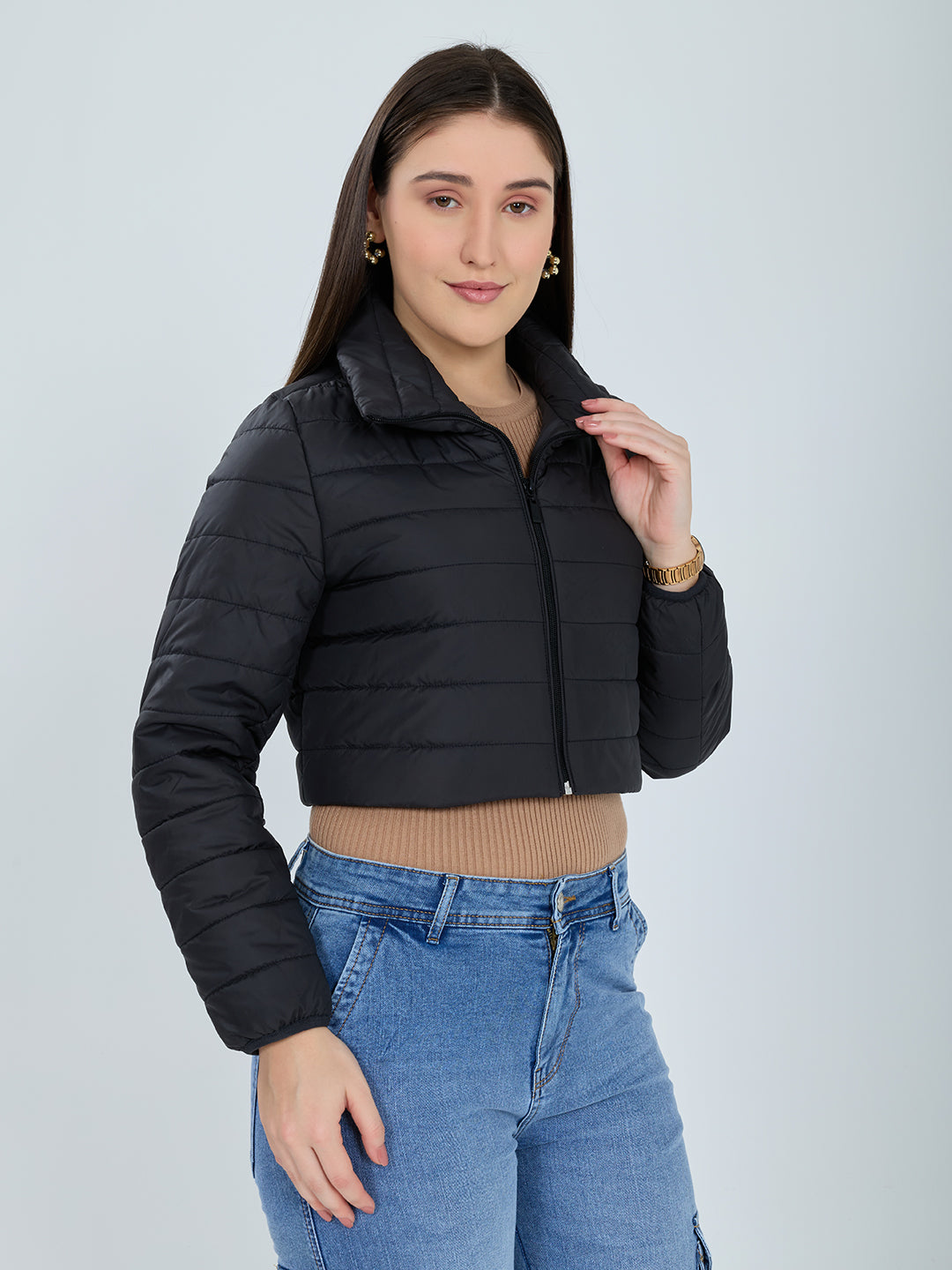 Women Black Solid Collar Full Sleeve Puffer Jacket