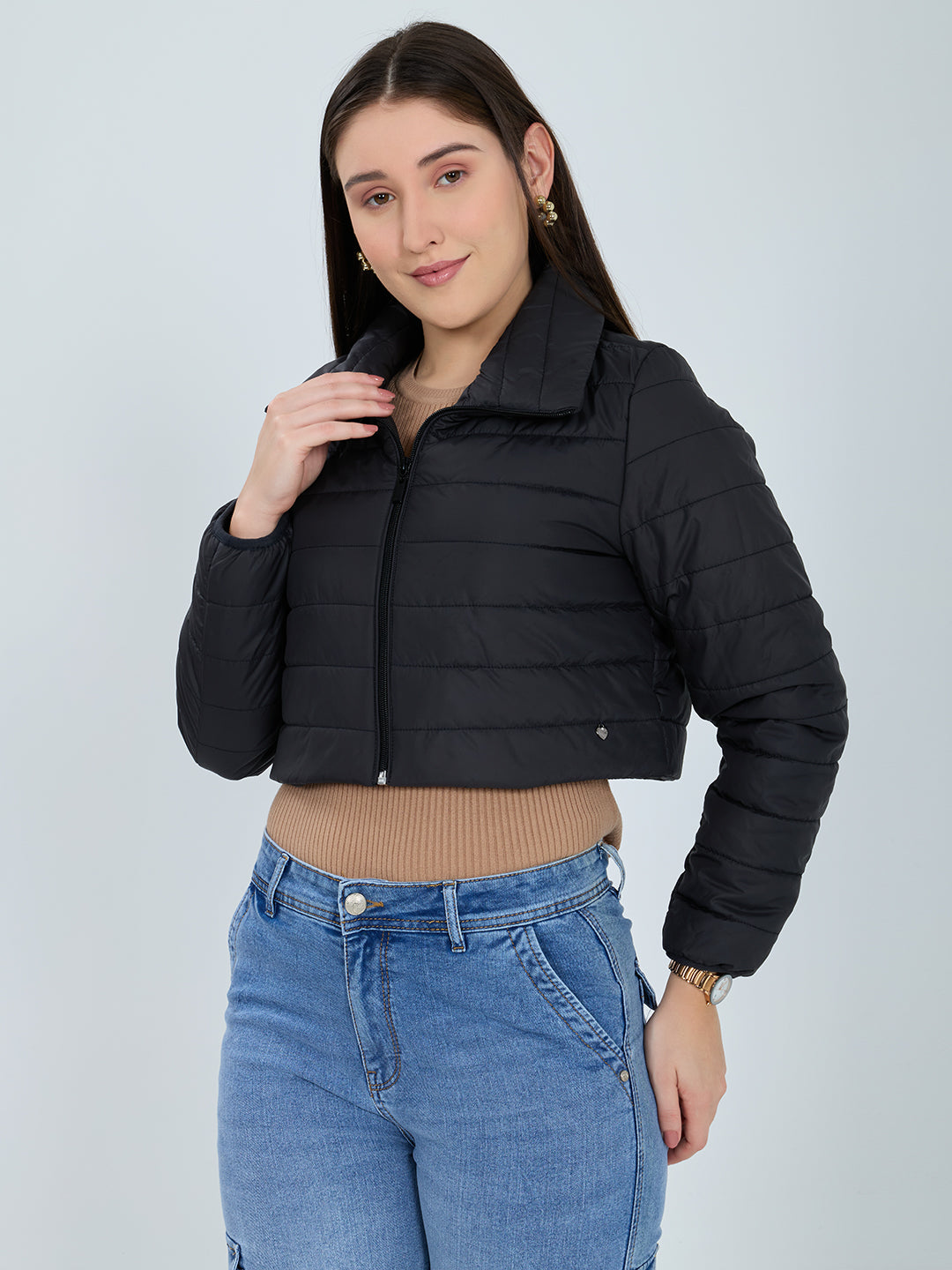 Women Black Solid Collar Full Sleeve Puffer Jacket