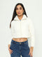 Women Off White Solid Collar Full Sleeve Puffer Crop Jacket