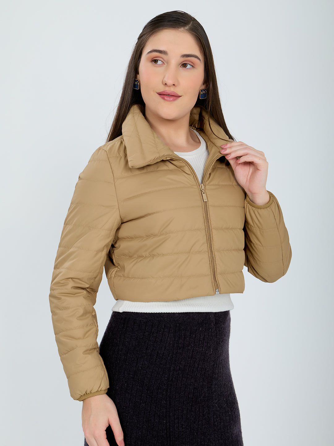 Women Beige Solid Collar Full Sleeve Puffer Jacket