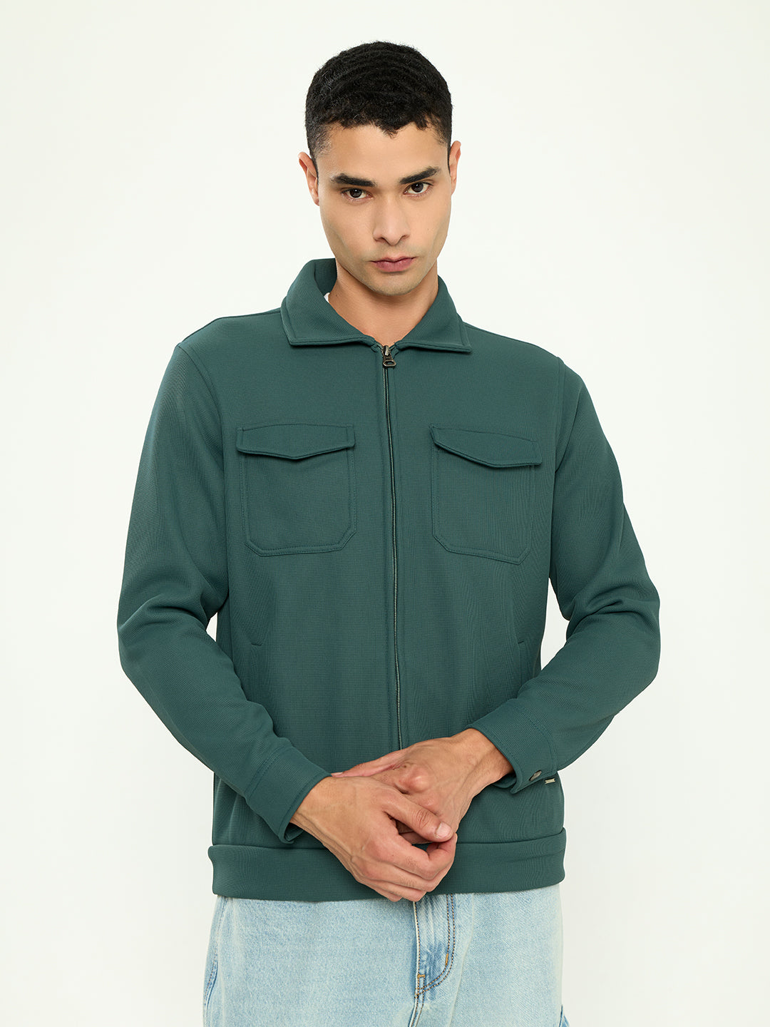 Men Green Solid Collar Full Sleeve Sweatshirt