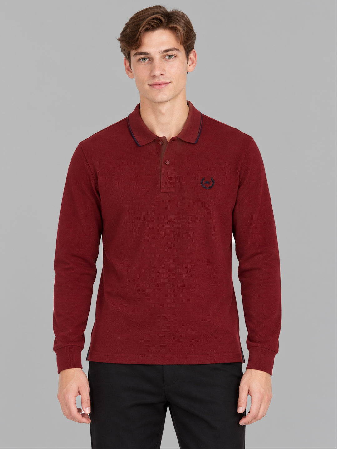 Men Maroon Solid Polo Collar Full Sleeve Winter T-Shirt