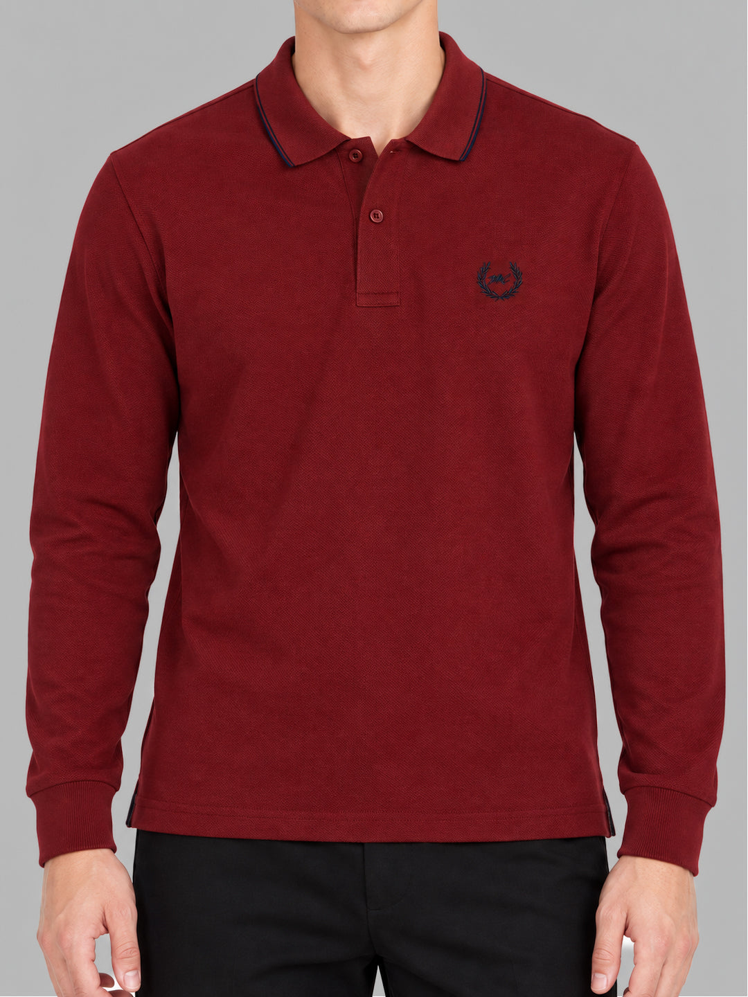 Men Maroon Solid Polo Collar Full Sleeve Winter T-Shirt