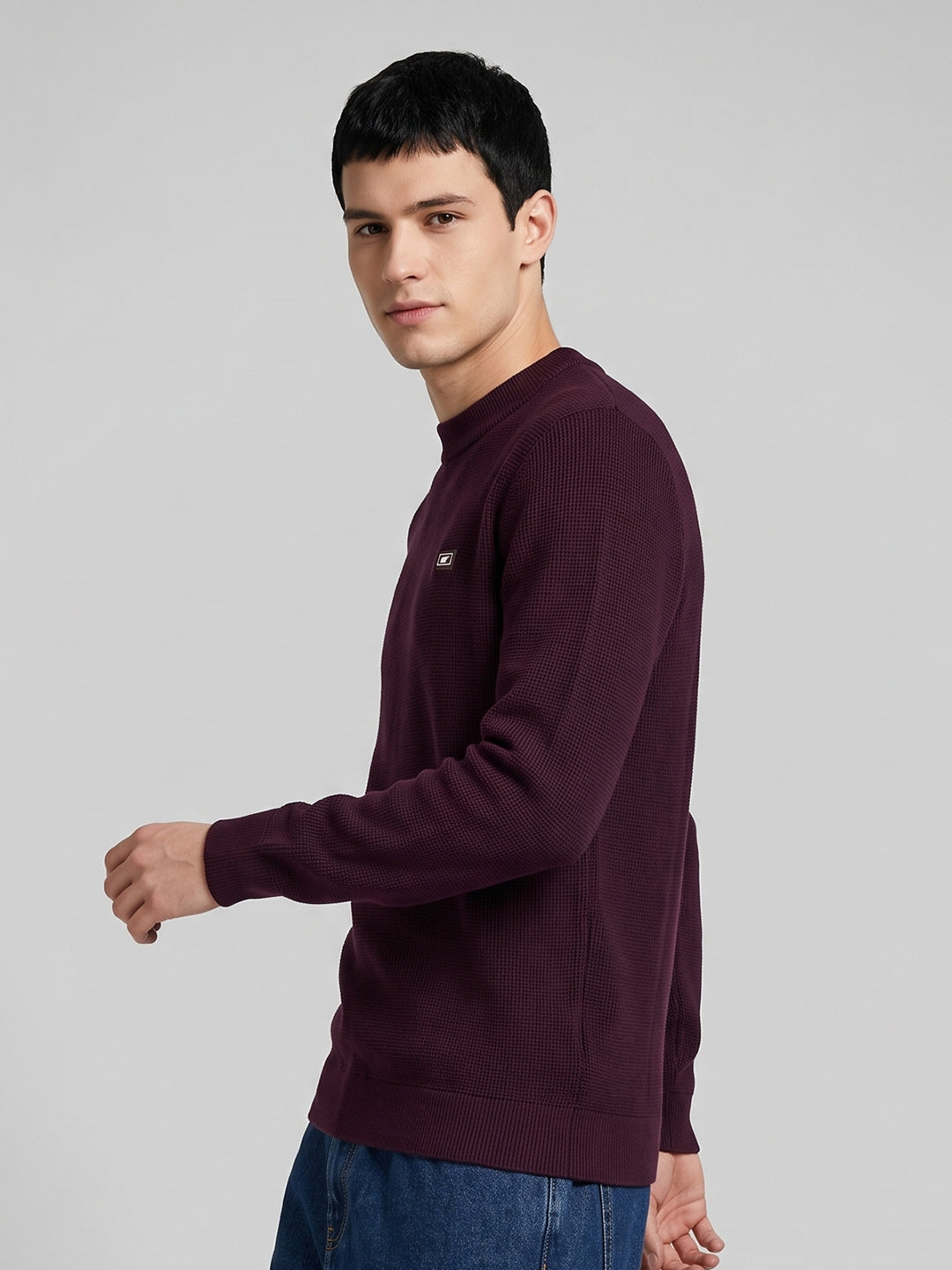Men Maroon Solid High Neck Full Sleeve Winter T-Shirt