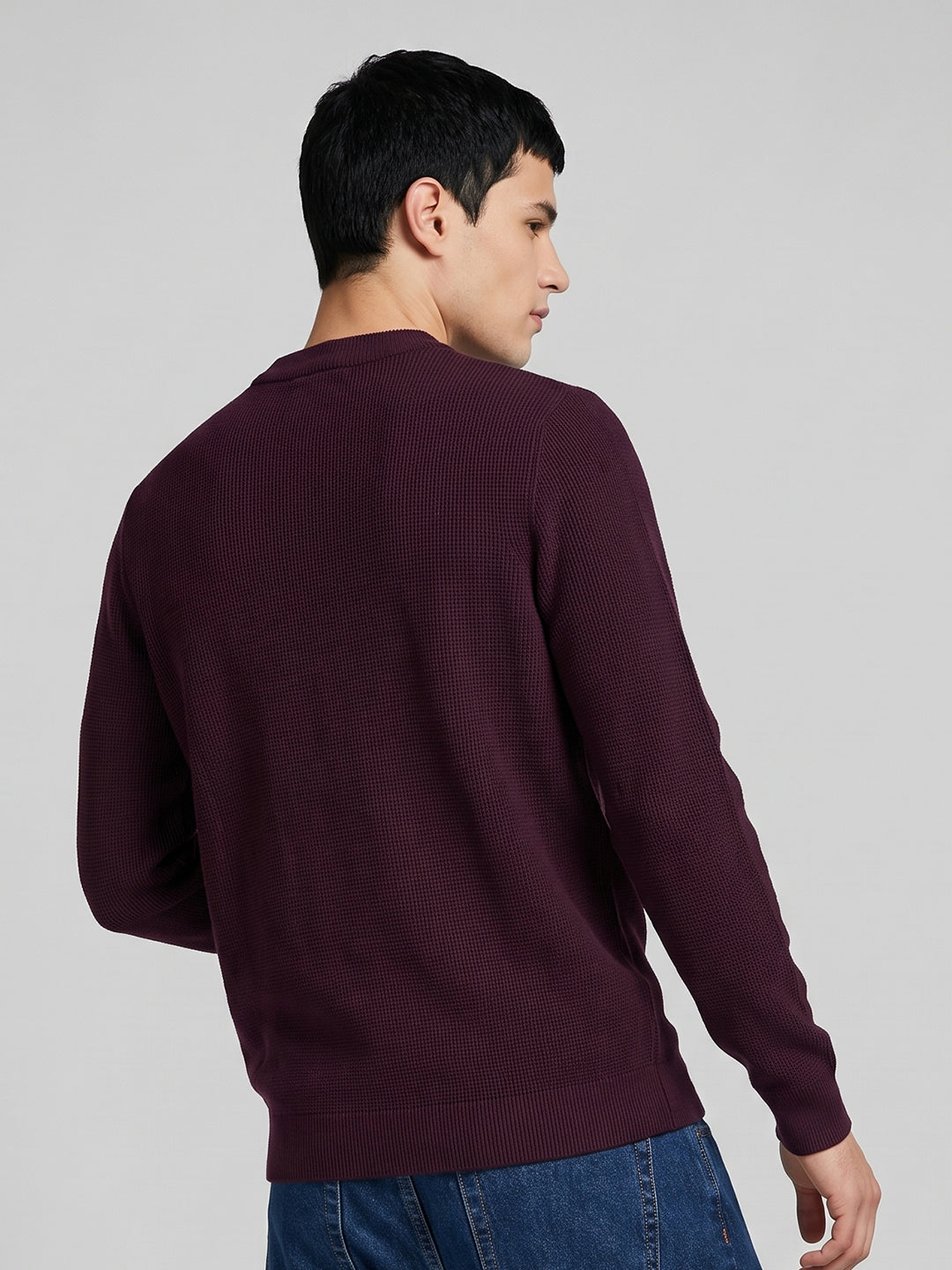Men Maroon Solid High Neck Full Sleeve Winter T-Shirt