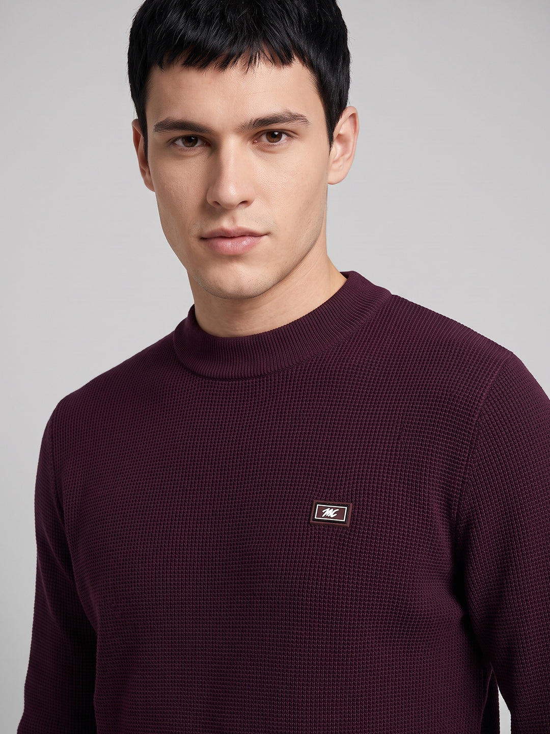 Men Maroon Solid High Neck Full Sleeve Winter T-Shirt