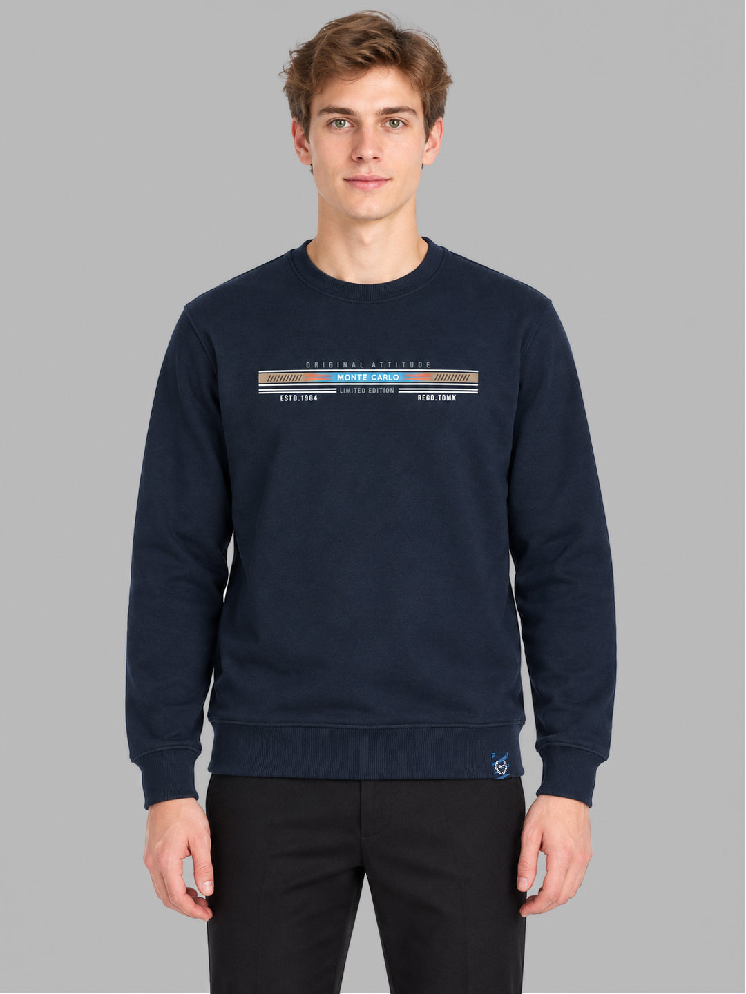Men Blue Solid Round Neck Full Sleeve Sweatshirt