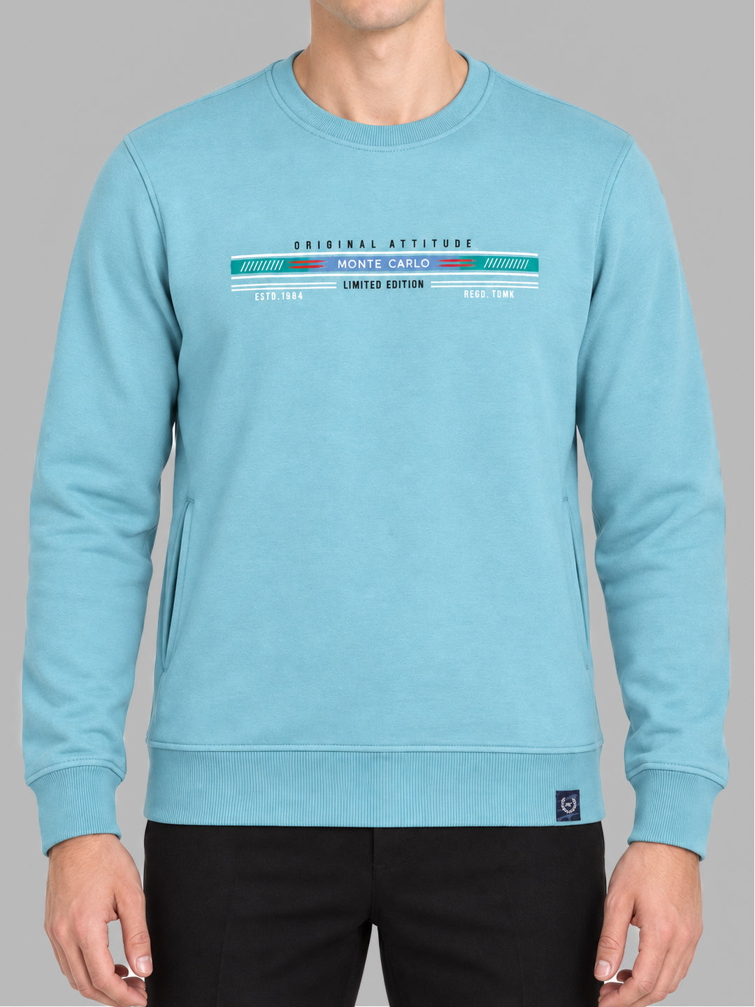 Men Sky Blue Solid Round Neck Full Sleeve Sweatshirt
