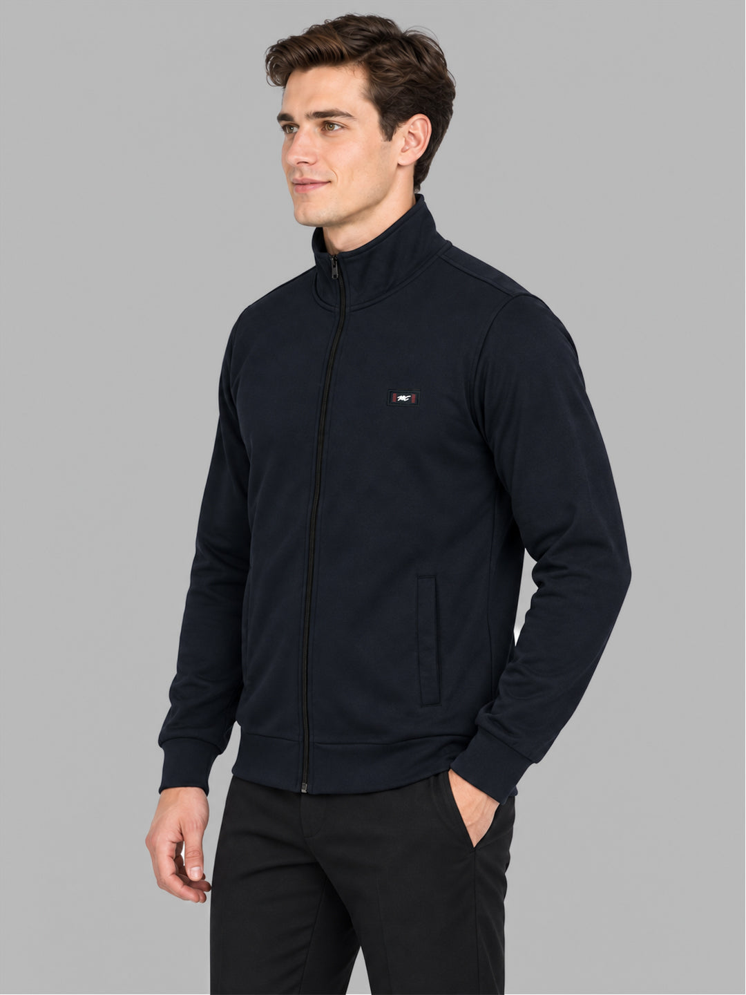 Men Navy Blue Solid Stand Collar Full Sleeve Sweatshirt