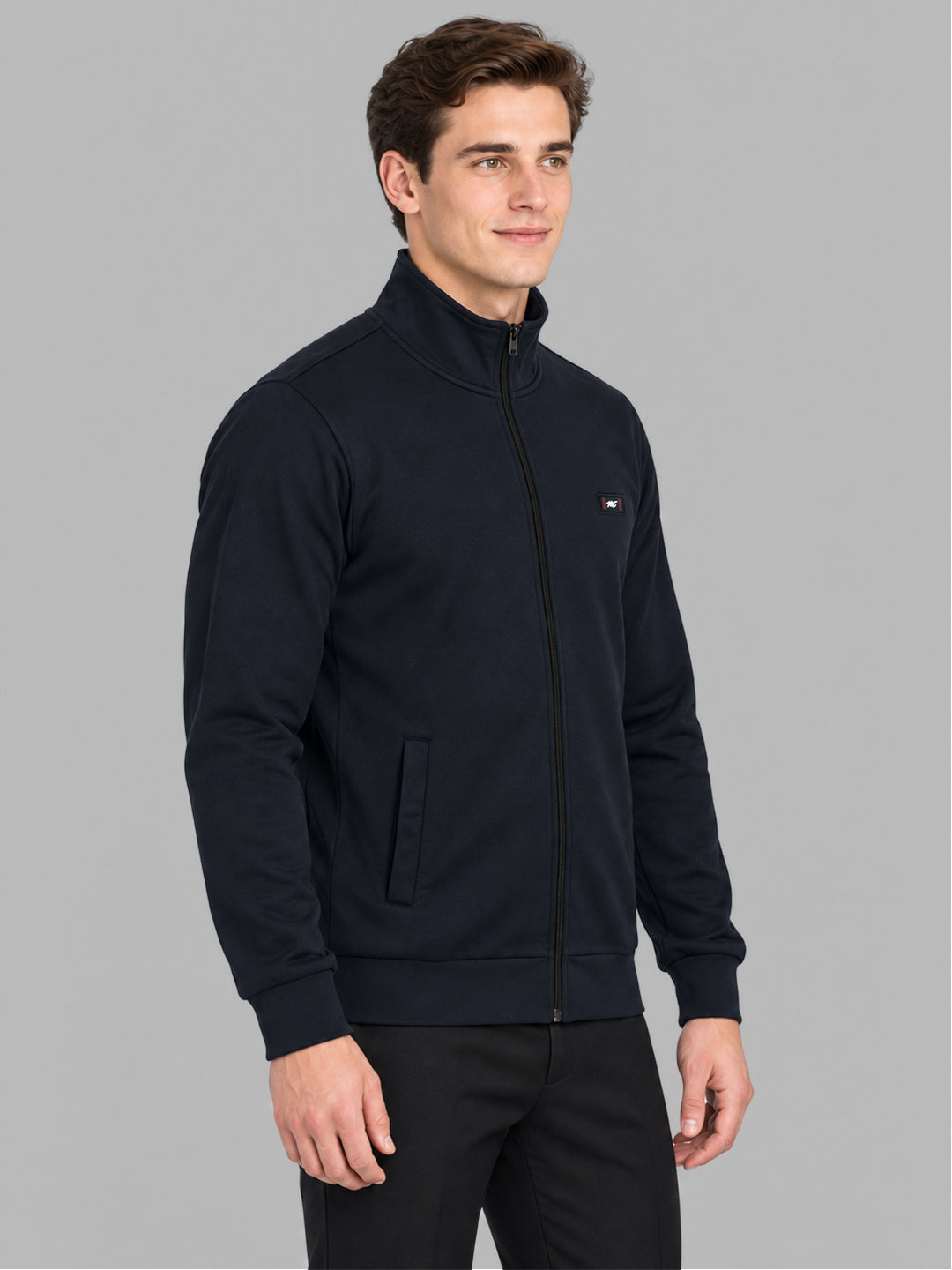 Men Navy Blue Solid Stand Collar Full Sleeve Sweatshirt