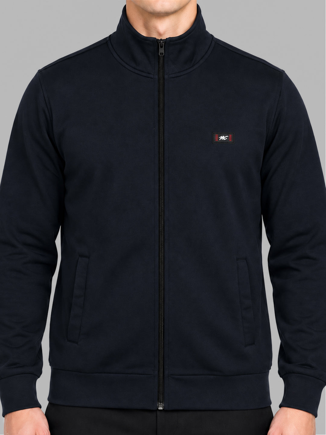 Men Navy Blue Solid Stand Collar Full Sleeve Sweatshirt