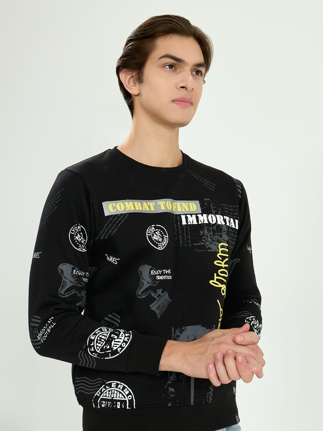Men Black Printed Round Neck Full Sleeve Sweatshirt
