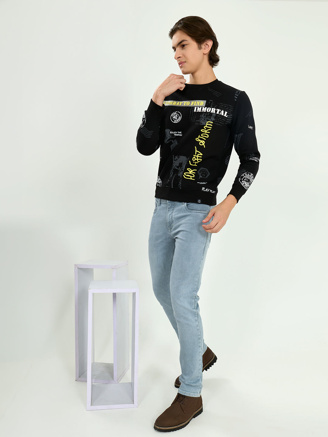 Men Black Printed Round Neck Full Sleeve Sweatshirt