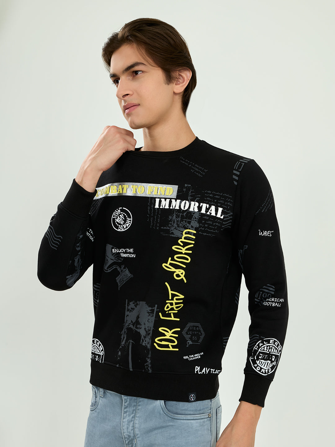 Men Black Printed Round Neck Full Sleeve Sweatshirt