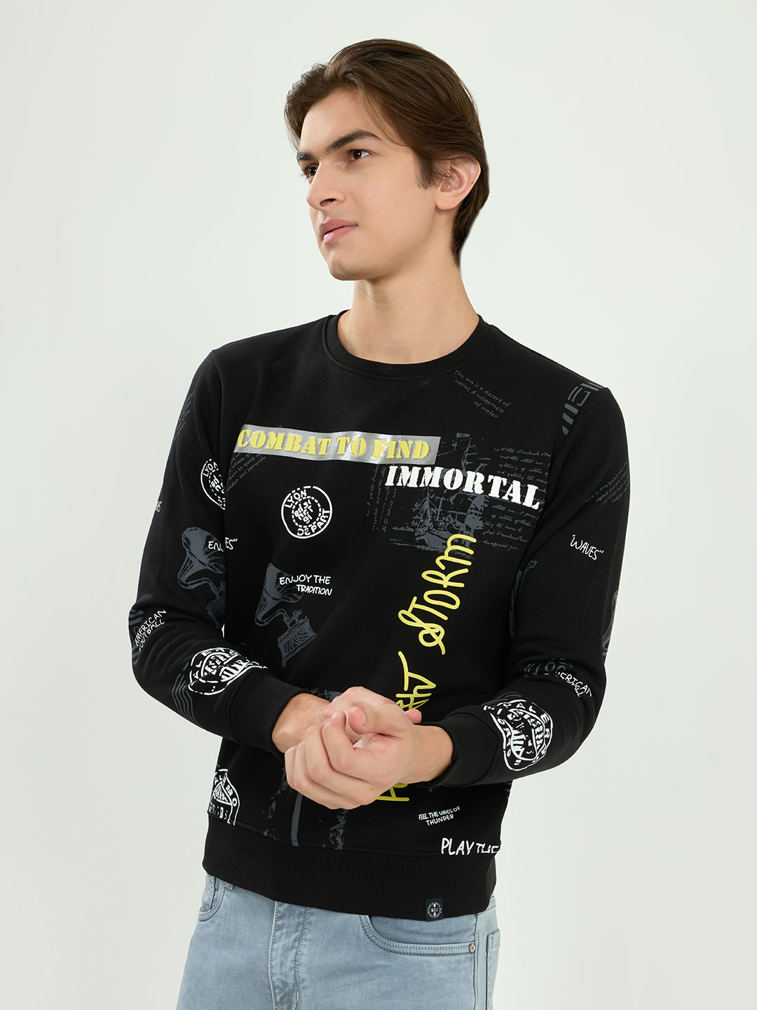 Men Black Printed Round Neck Full Sleeve Sweatshirt