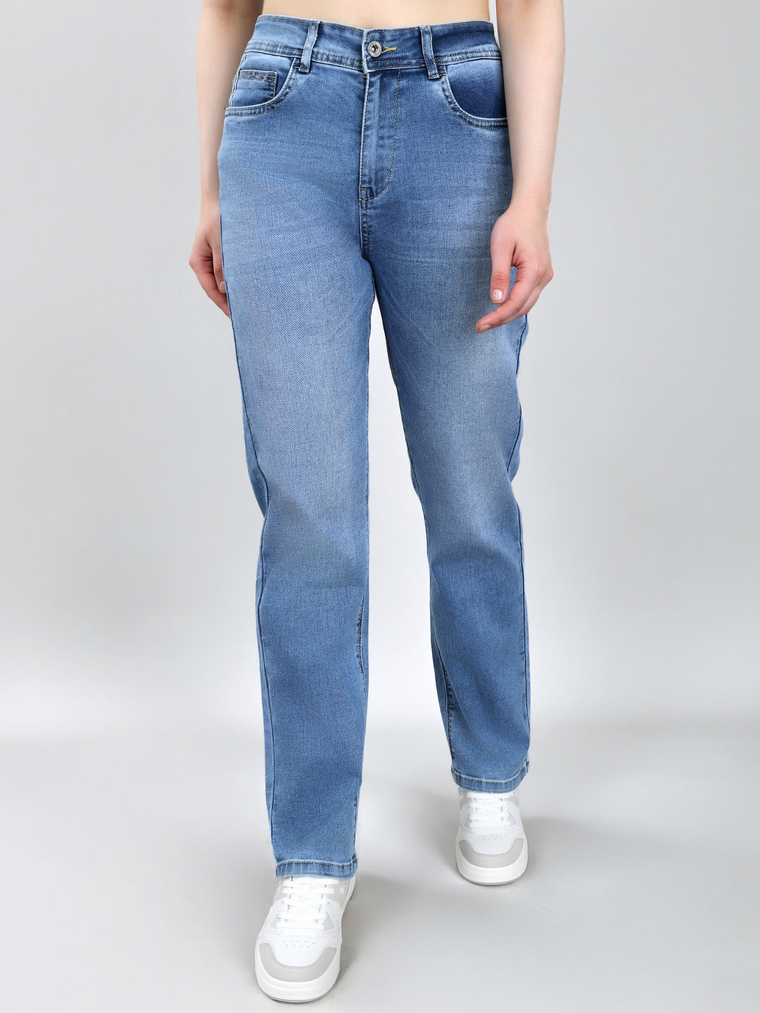 Women Light Blue Solid Straight Fit Denim
