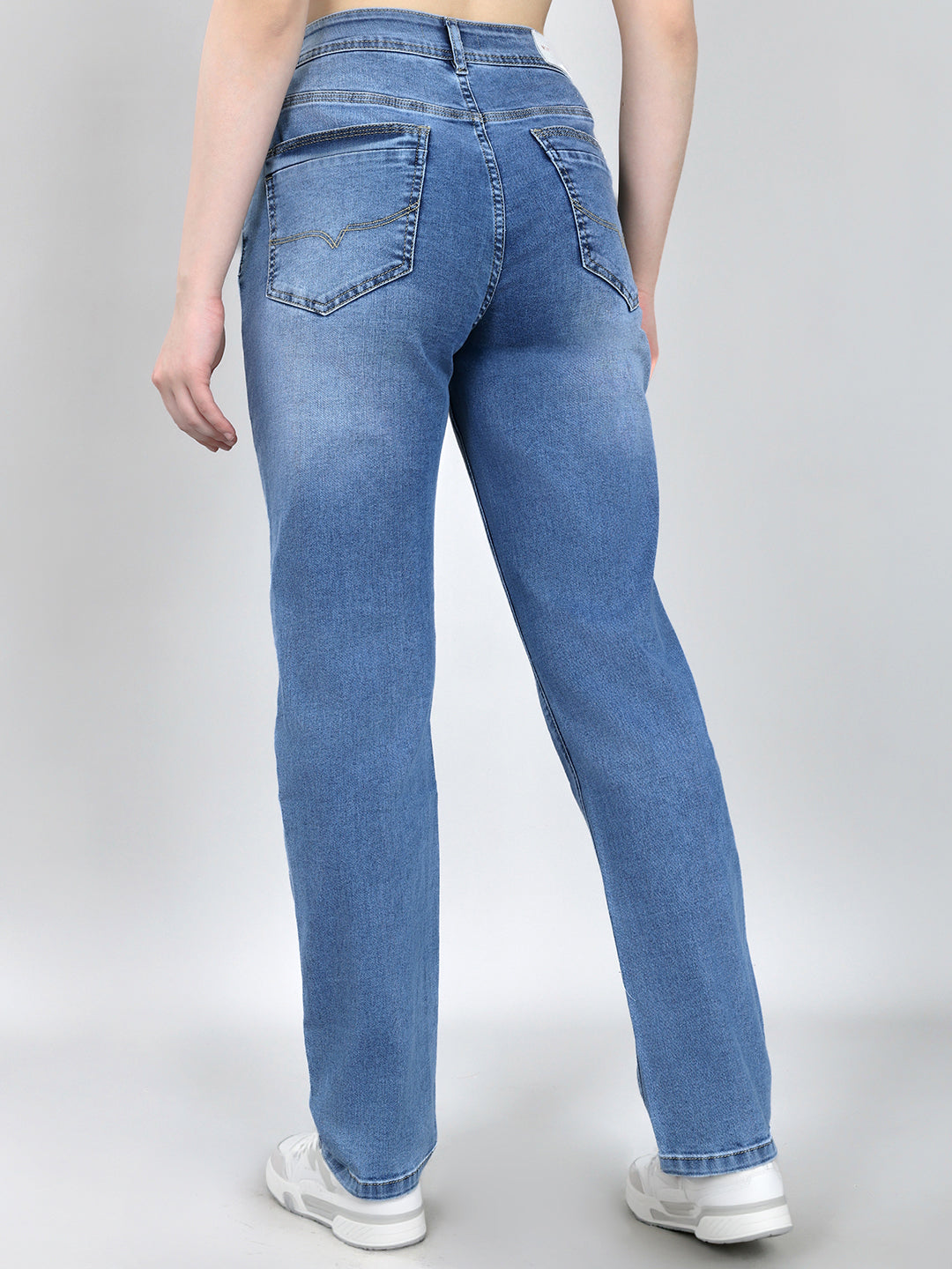 Women Light Blue Solid Straight Fit Denim