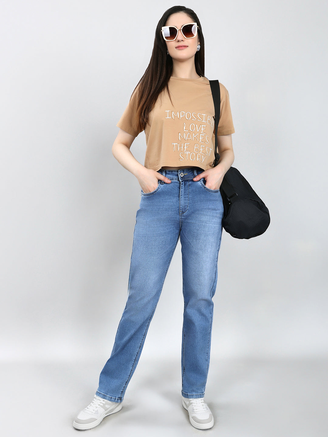Women Light Blue Solid Straight Fit Denim