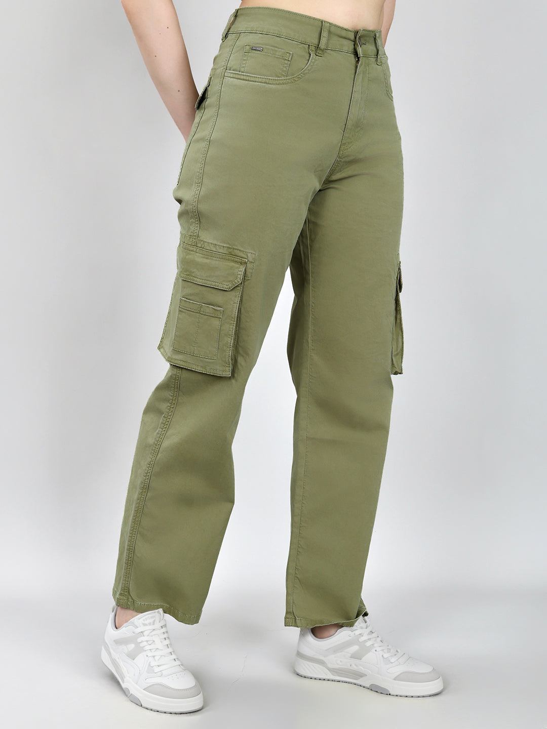 Women Olive Solid Straight Fit Cargo