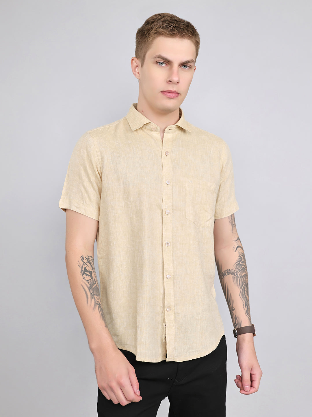 Men Beige Solid Collar Half Sleeve Shirt