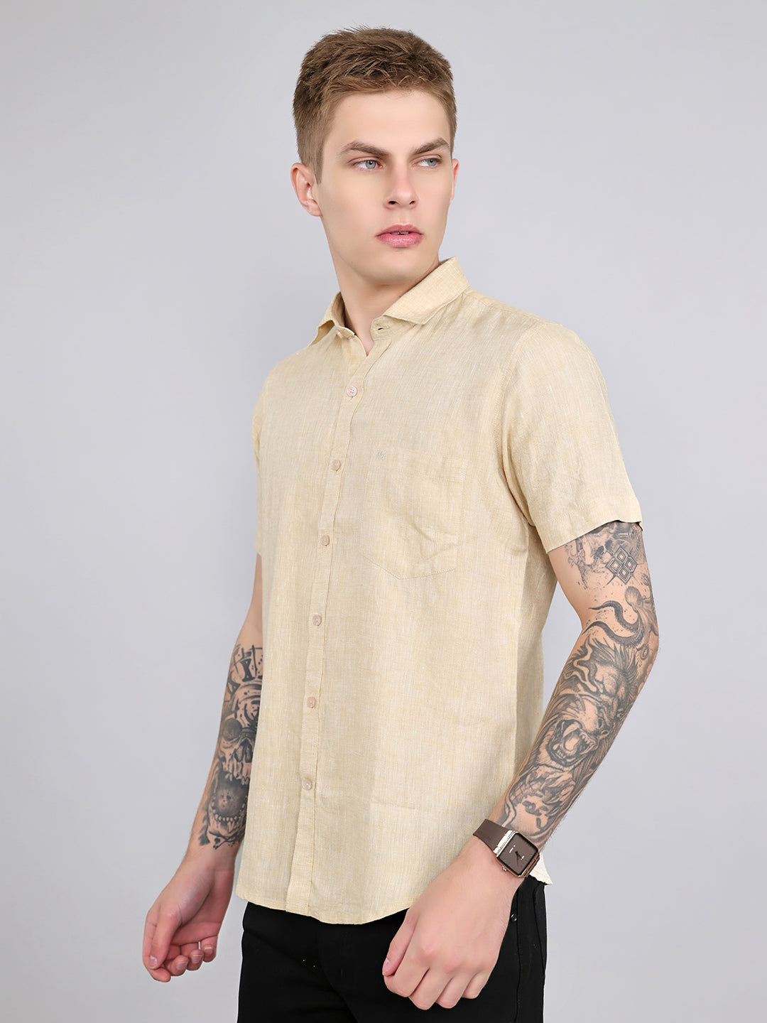 Men Beige Solid Collar Half Sleeve Shirt