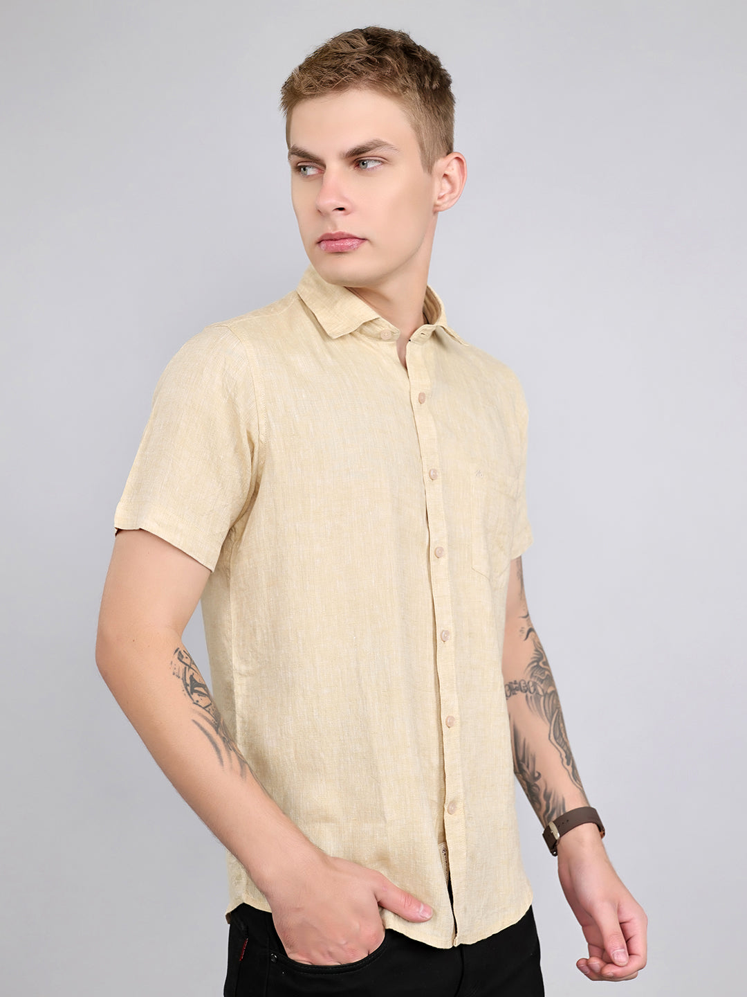 Men Beige Solid Collar Half Sleeve Shirt
