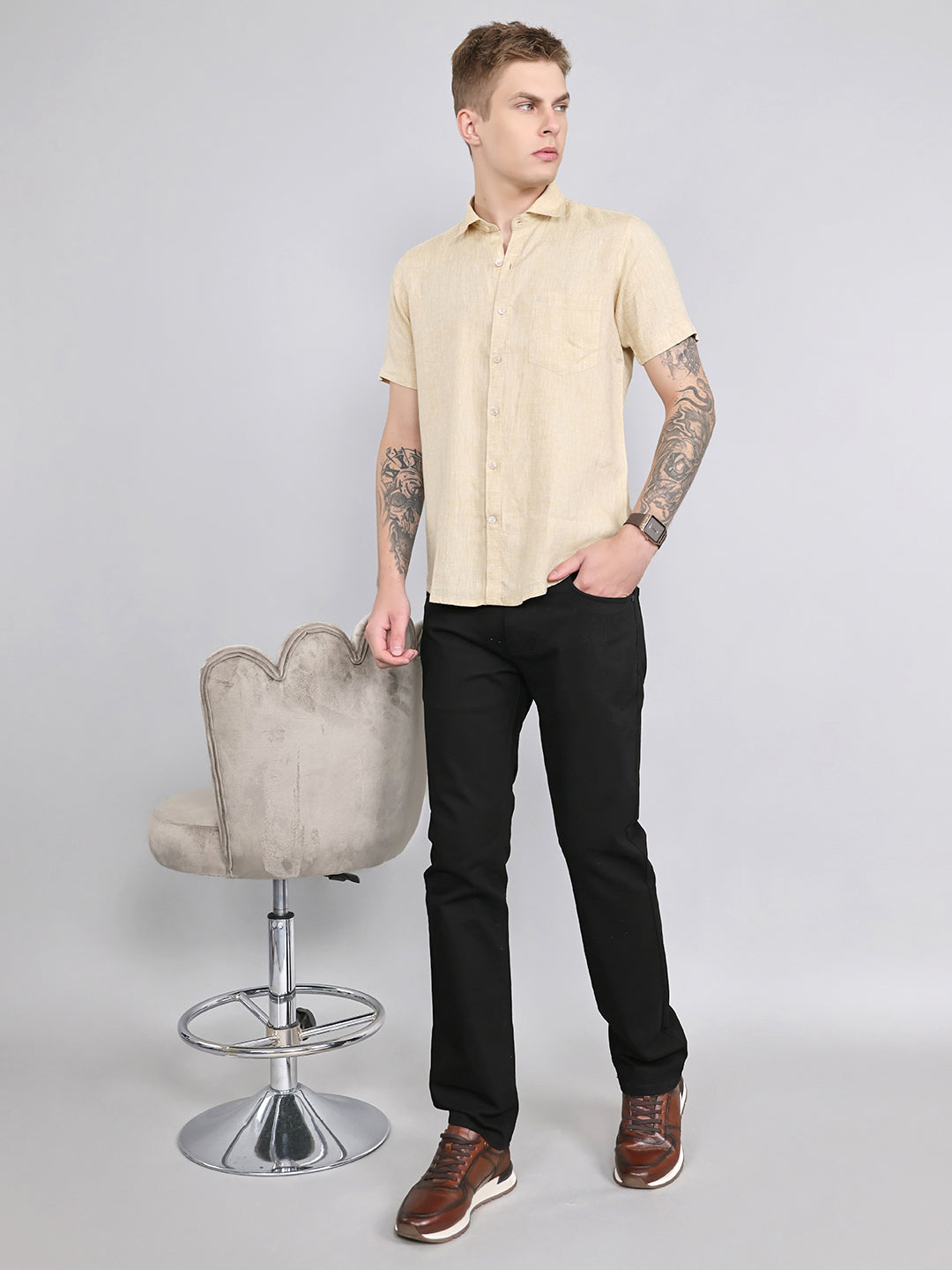 Men Beige Solid Collar Half Sleeve Shirt