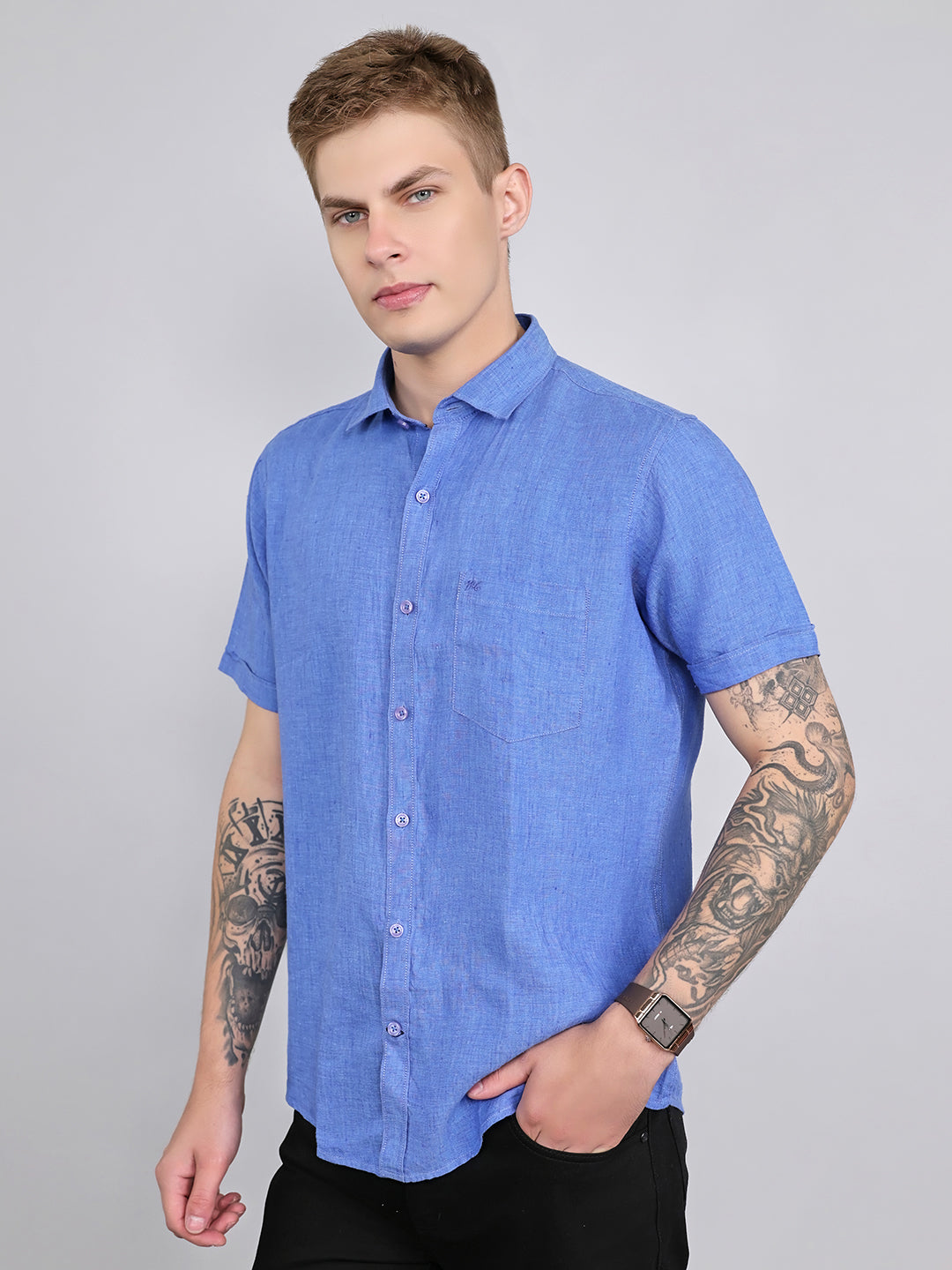 Men Blue Solid Collar Half Sleeve Shirt