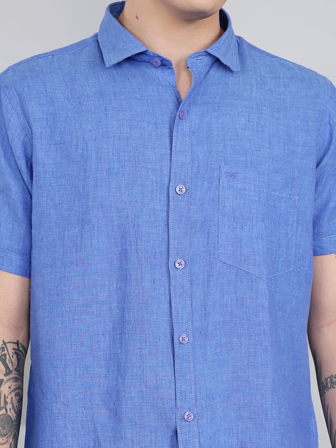 Men Blue Solid Collar Half Sleeve Shirt