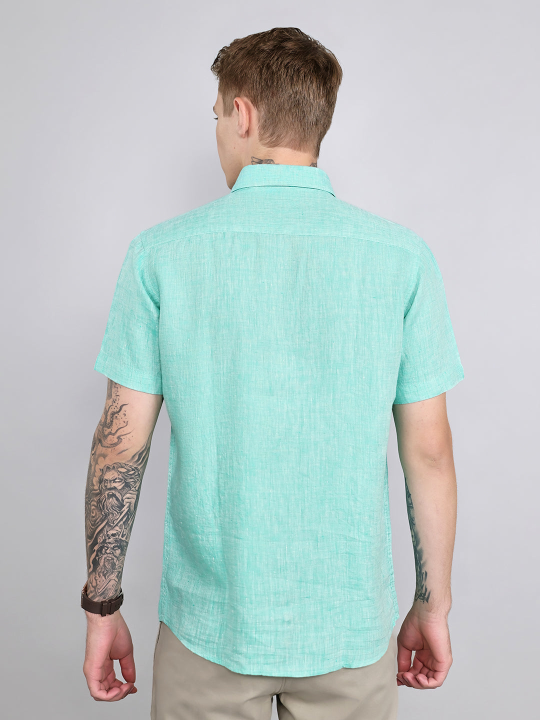 Men Green Solid Collar Half Sleeve Shirt