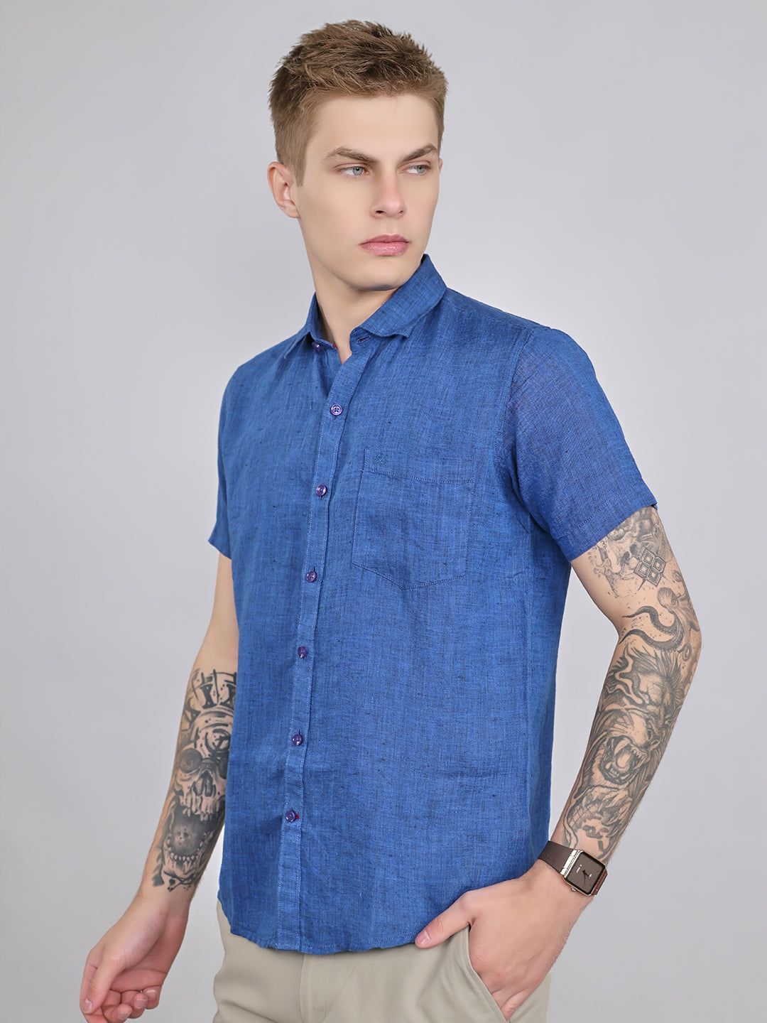 Men Navy Blue Solid Collar Half Sleeve Shirt