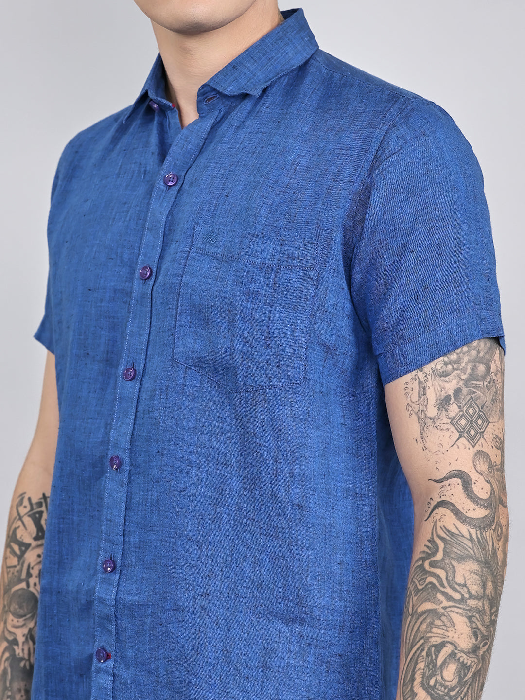 Men Navy Blue Solid Collar Half Sleeve Shirt
