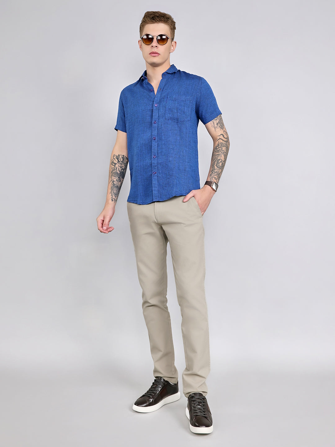 Men Navy Blue Solid Collar Half Sleeve Shirt