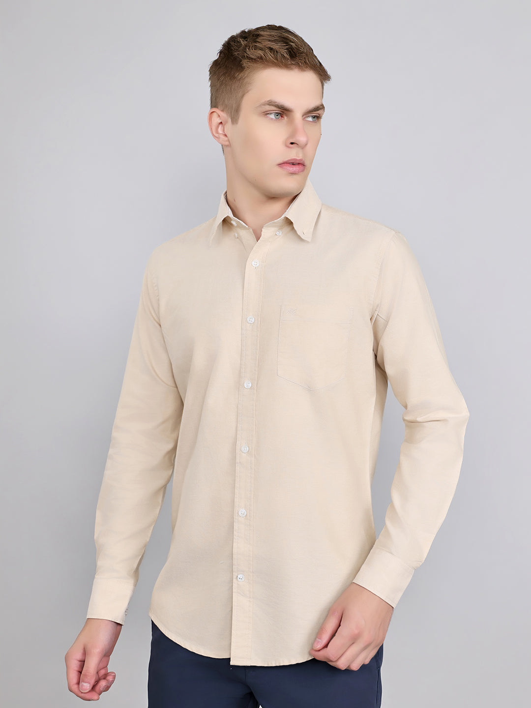 Men Beige Solid Collar Full Sleeve Shirt