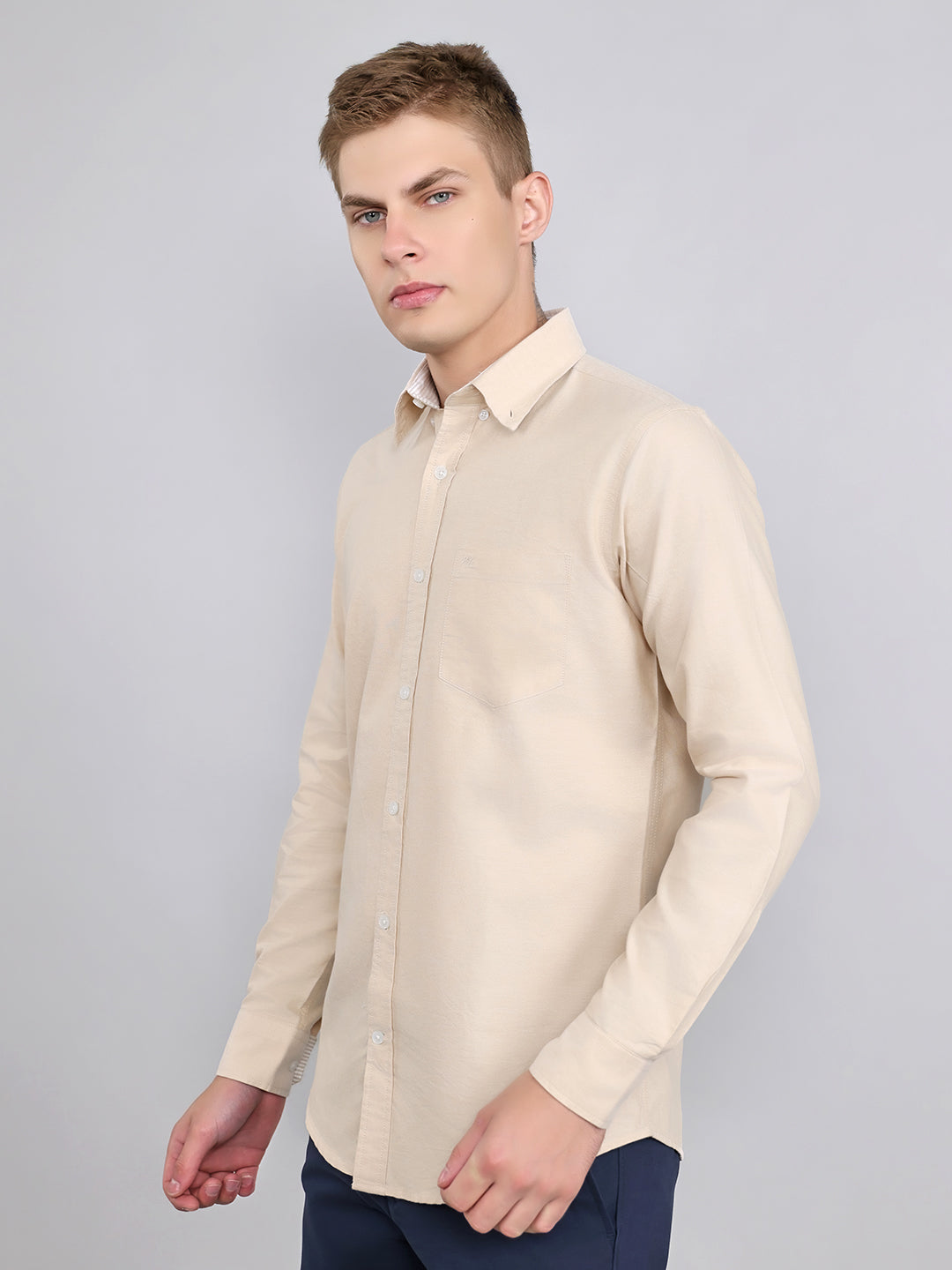 Men Beige Solid Collar Full Sleeve Shirt