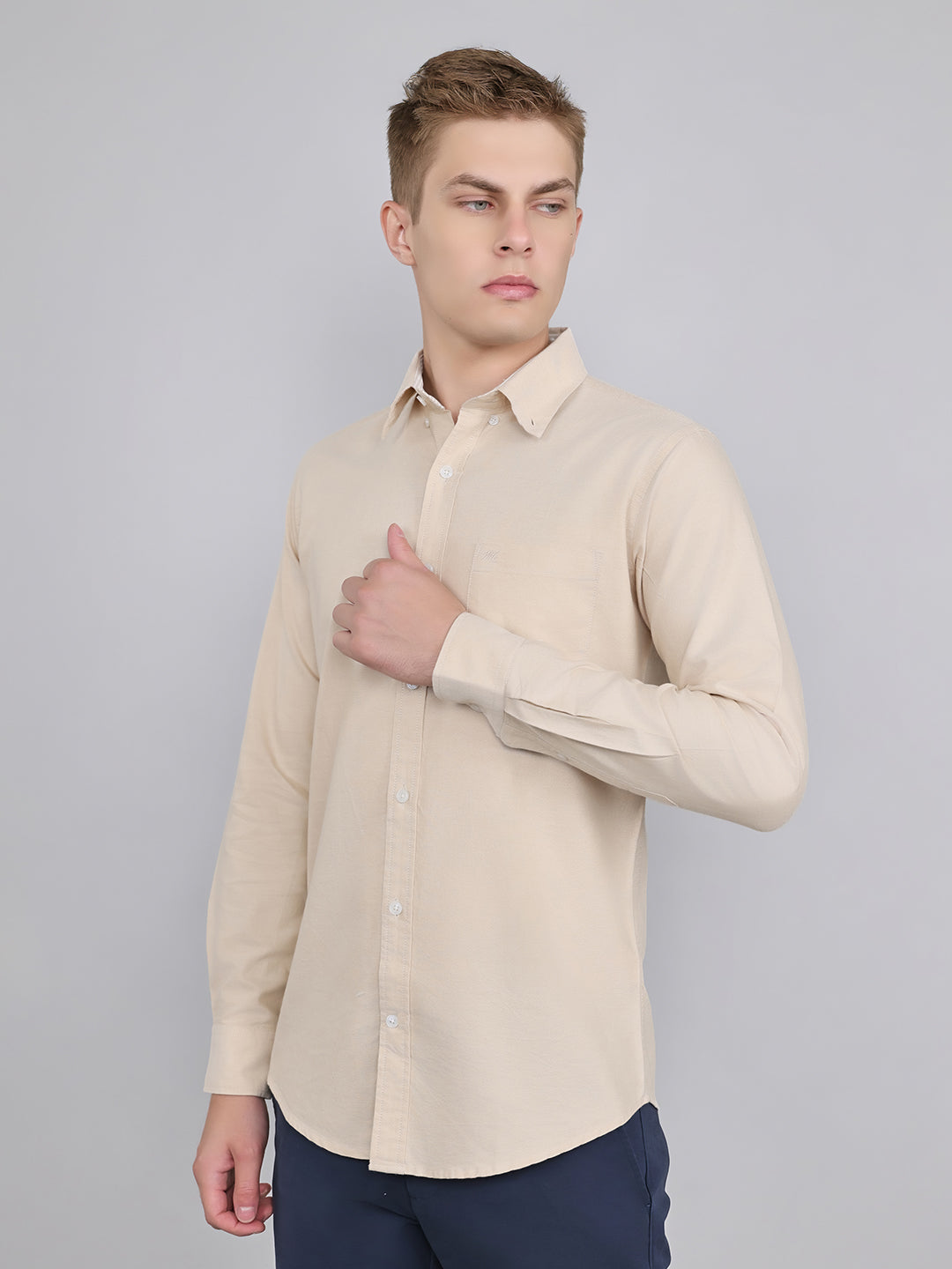 Men Beige Solid Collar Full Sleeve Shirt