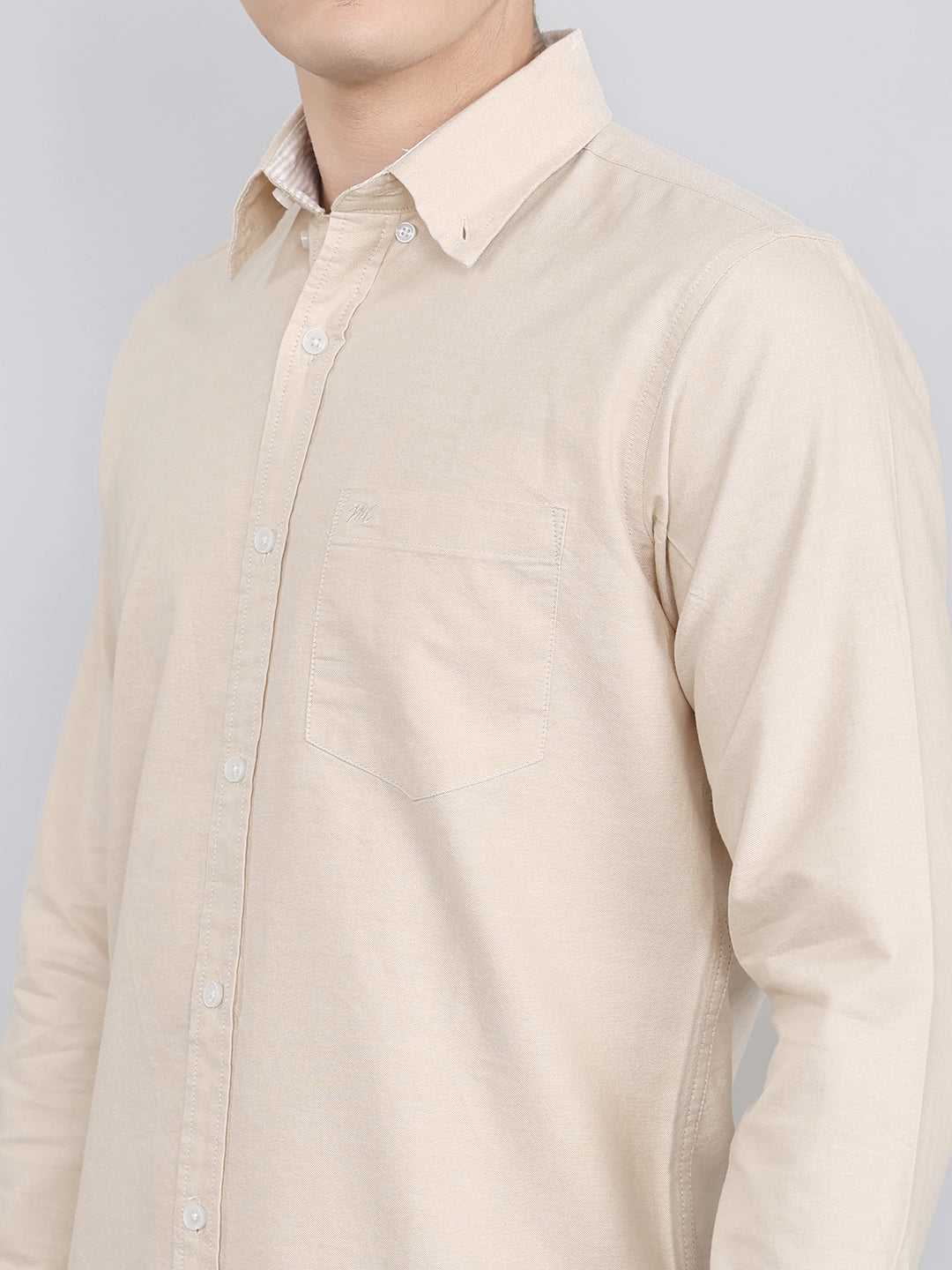Men Beige Solid Collar Full Sleeve Shirt