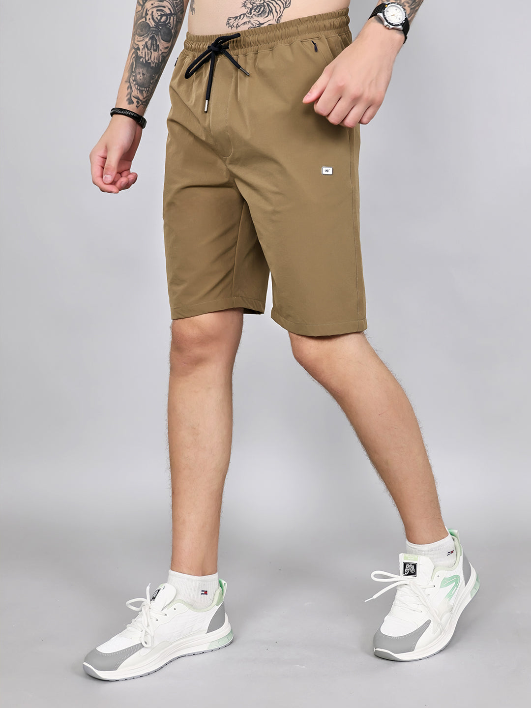 Men Khaki Solid Regular Fit Shorts