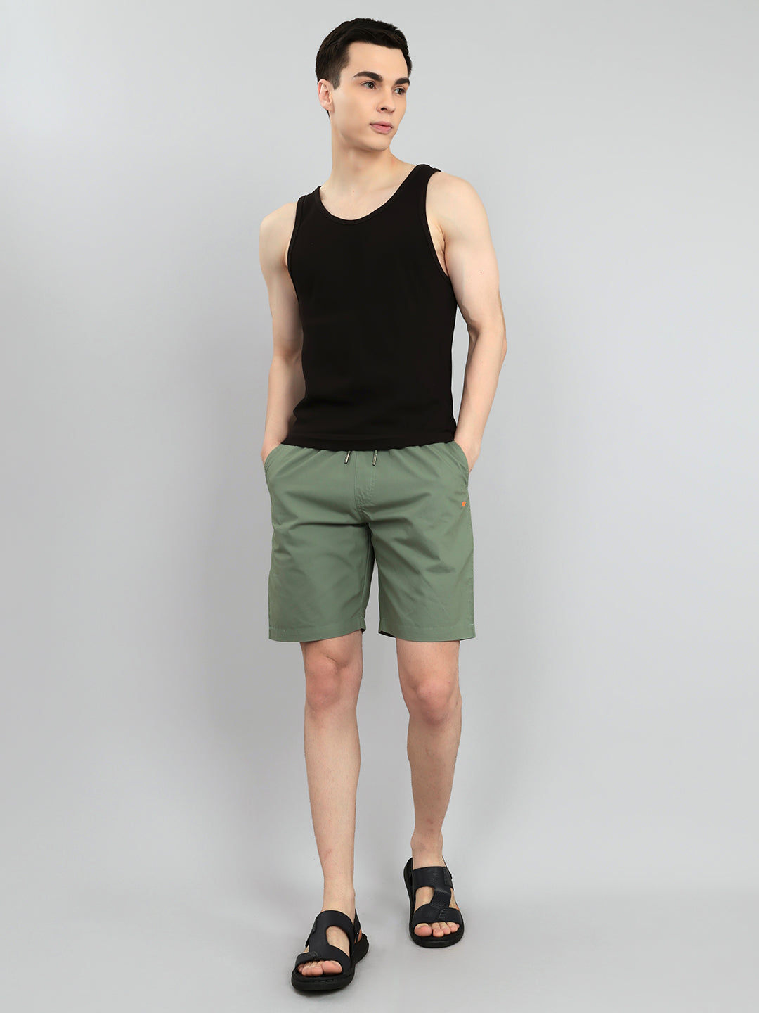 Men Green Solid Regular Fit Shorts