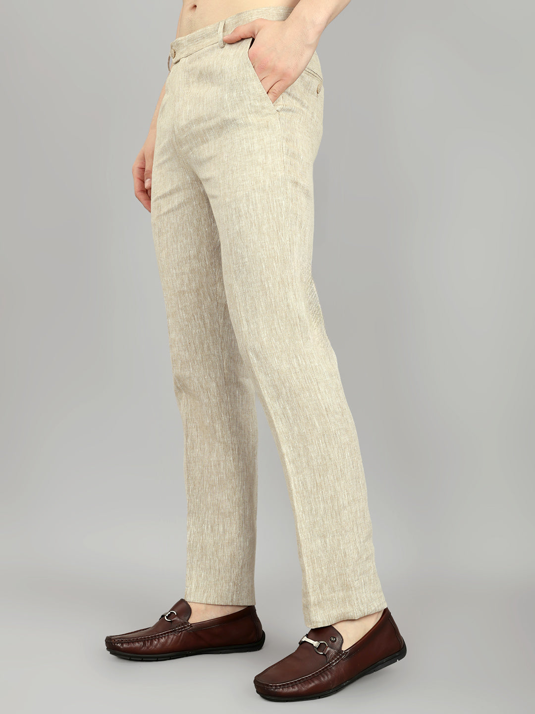 Men Khaki Solid Regular Fit Trouser