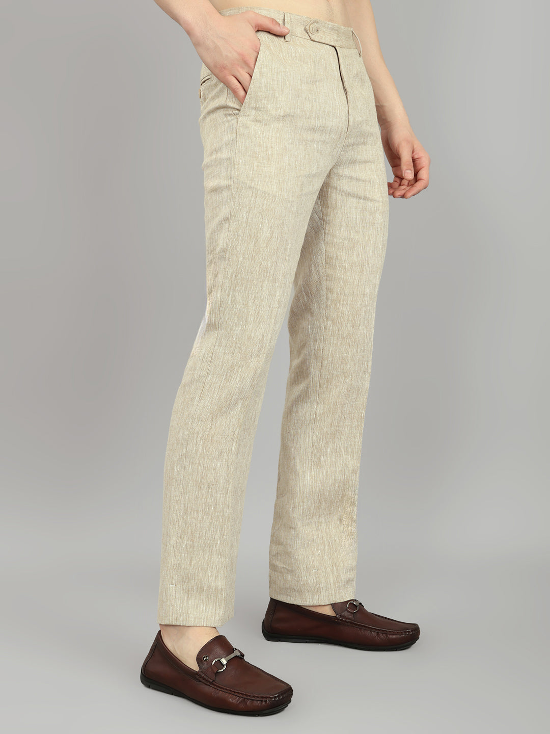 Men Khaki Solid Regular Fit Trouser