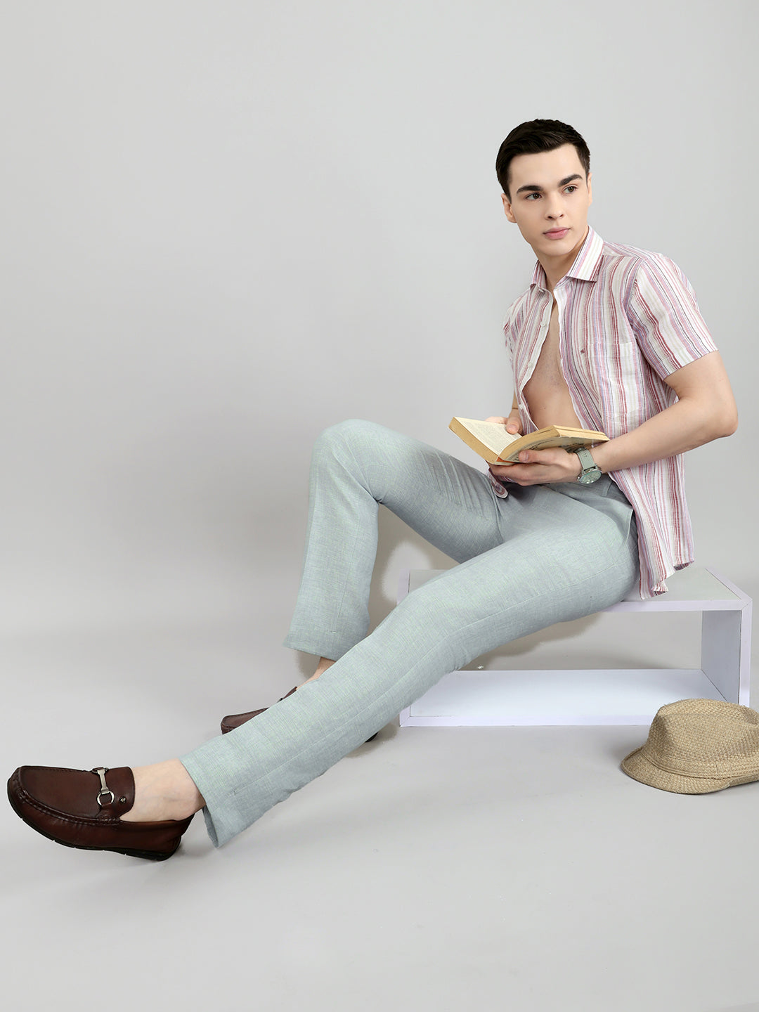 Men Light Blue Solid Regular Fit Trouser