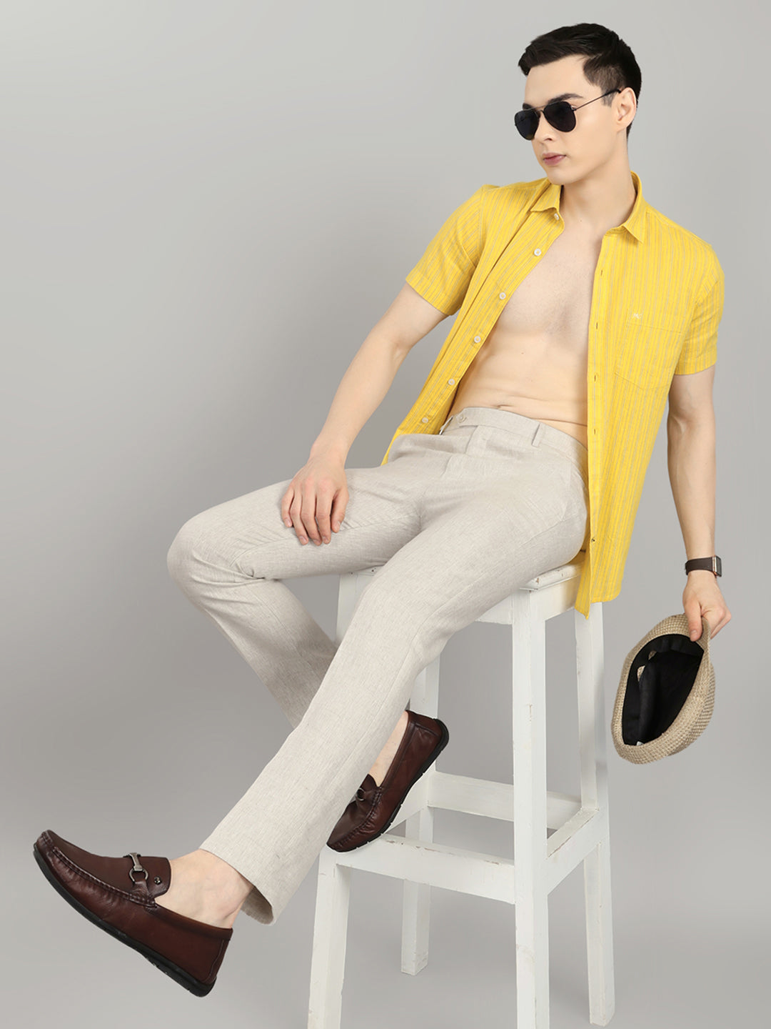 Men Beige Check Regular Fit Trouser