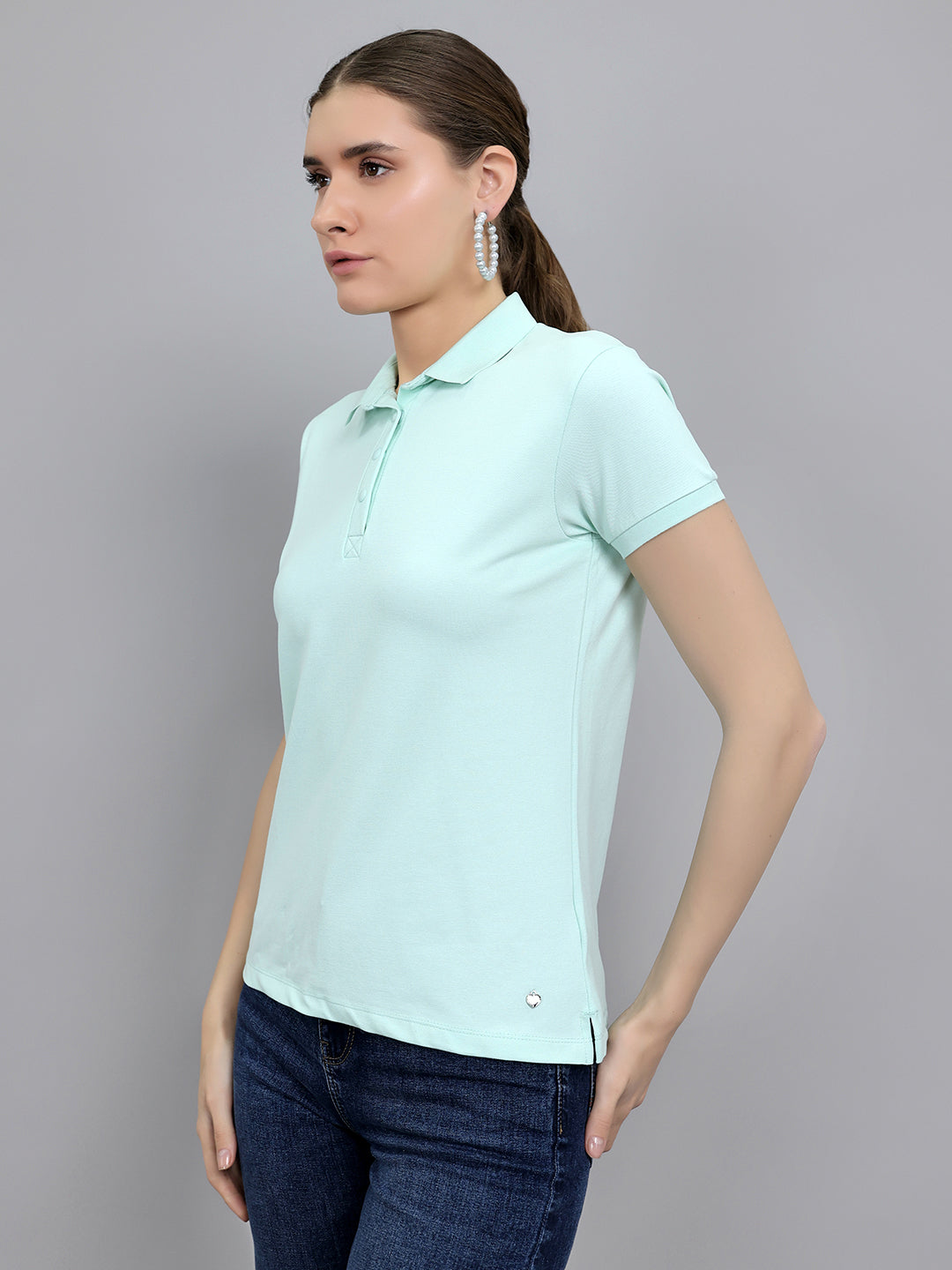 Women Light Green Solid Collar Half Sleeve T-Shirt